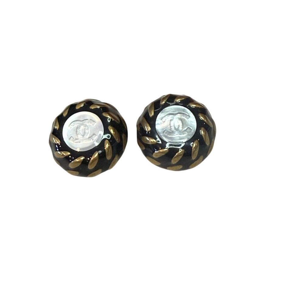 Chanel Vintage Button Black Resin & Mother of Pearl Clip earrings*97A stamp*COA